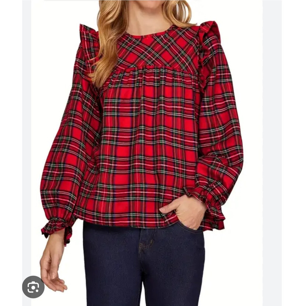 She + Sky Ruffled Green Tartan Plaid Long Sleeve Blouse Top Small Babydoll - Picture 8 of 8